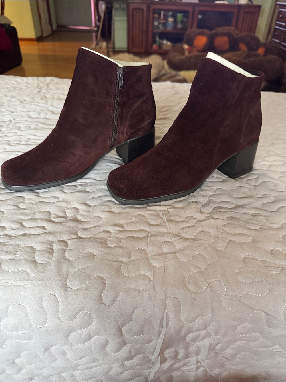 White Mountain Dark Brown Suede Ankle Boots with Block Heel